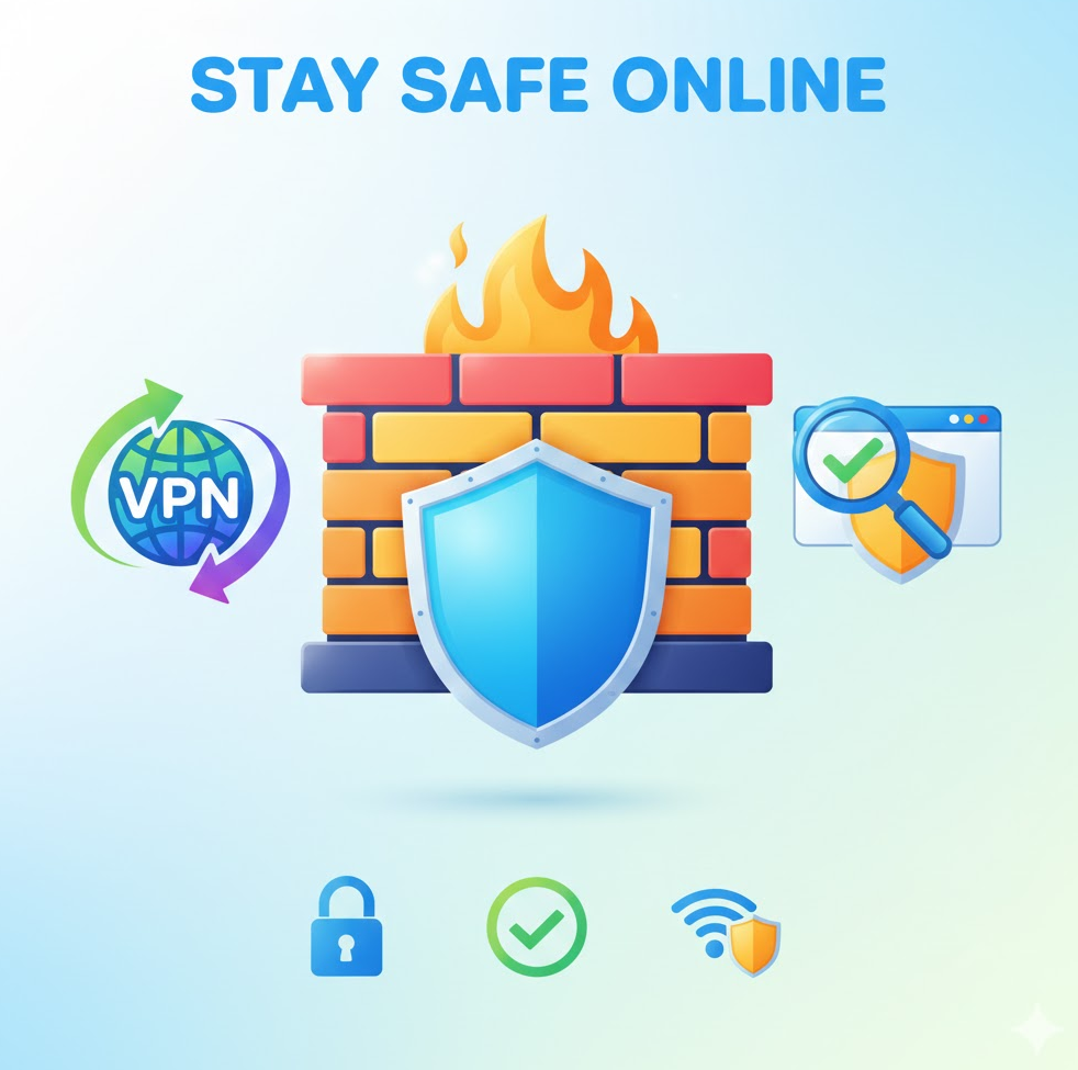 인터넷 안전 이용을 상징하는 이미지. 방화벽 아이콘, VPN 로고, 안전 브라우징 아이콘 인터넷 안전 이용을 상징하는 이미지. 방화벽 아이콘, VPN 로고, 안전 브라우징 아이콘