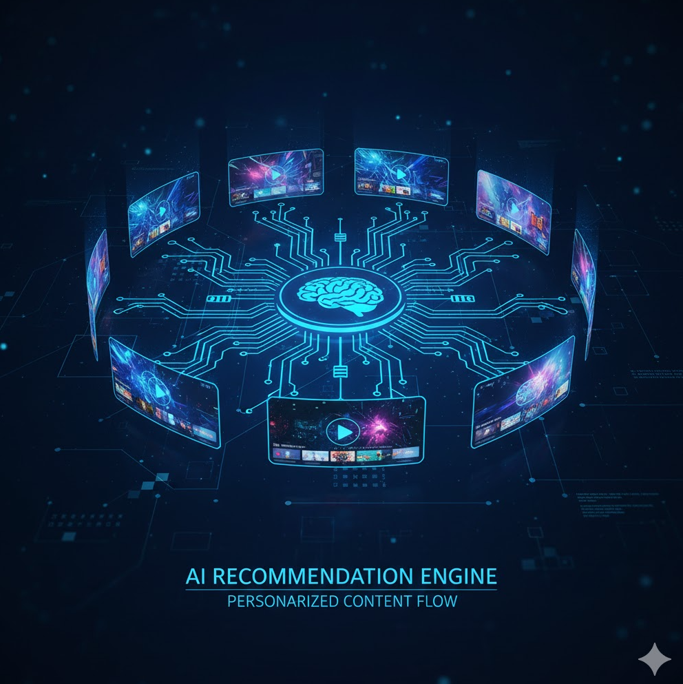 AI 추천 시스템을 보여주는 그래픽. 알고리즘 화살표와 영상 썸네일 AI 추천 시스템을 보여주는 그래픽. 알고리즘 화살표와 영상 썸네일