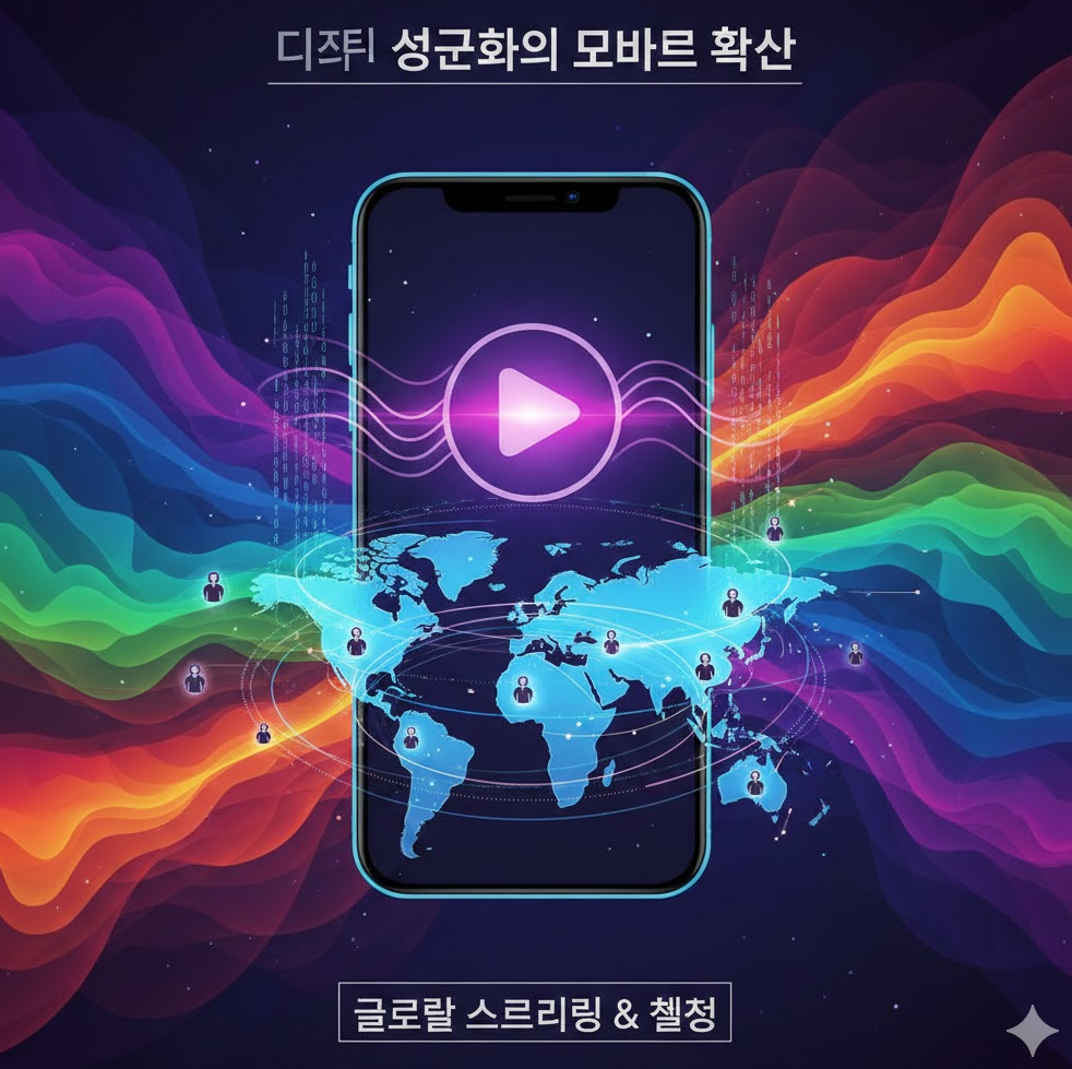 디지털 성문화의 모바일 확산을 보여주는 그래픽. 스마트폰 화면에 스트리밍 아이콘과 글로벌 사용자 지도가 포함된 이미지로, 역동적인 색상으로 변화감을 강조. 디지털 성문화의 모바일 확산을 보여주는 그래픽. 스마트폰 화면에 스트리밍 아이콘과 글로벌 사용자 지도가 포함된 이미지로, 역동적인 색상으로 변화감을 강조.
