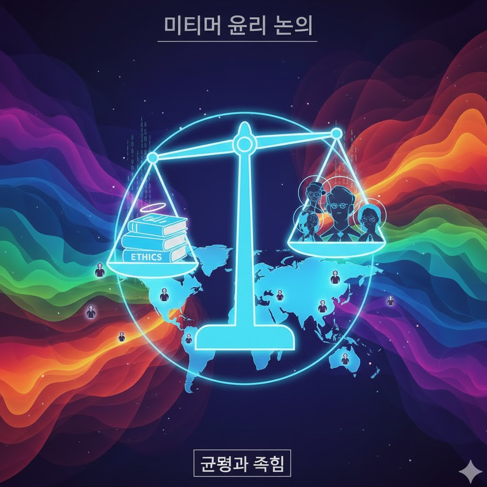 미디어 윤리 논의를 상징하는 그래픽. 균형 저울 아이콘과 윤리 책 아이콘, 글로벌 사람들 실루엣 포함. 미디어 윤리 논의를 상징하는 그래픽. 균형 저울 아이콘과 윤리 책 아이콘, 글로벌 사람들 실루엣 포함.